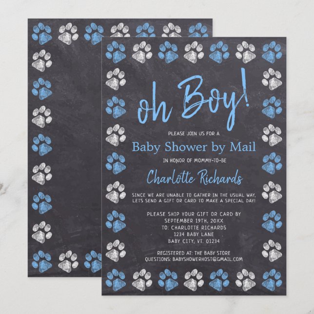 Chalkboard Paw Prints Blue Boy Baby Shower By Mail Invitation (Front/Back)