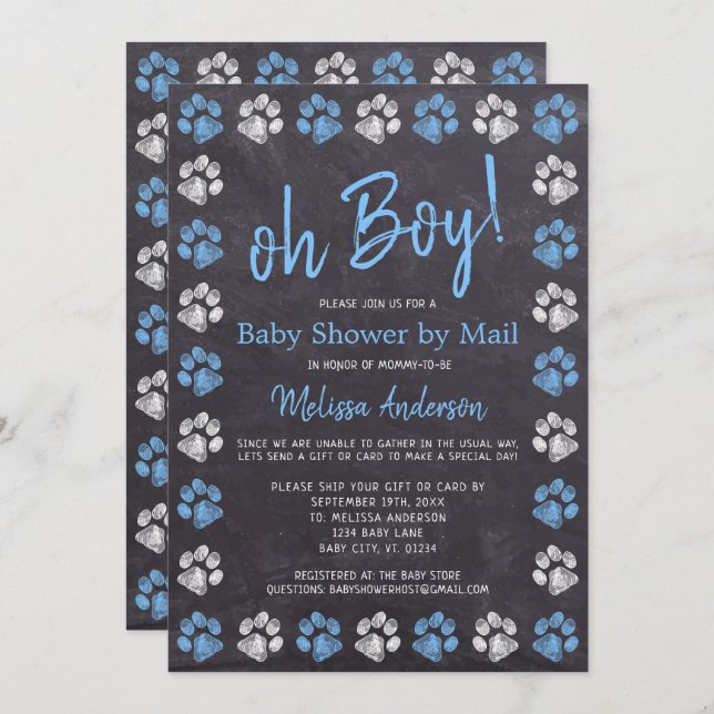 Chalkboard Paw Prints Blue Boy Baby Shower By Mail Invitation (Front/Back)