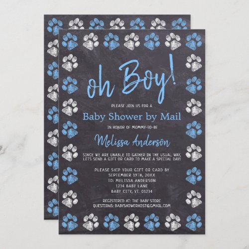 Chalkboard Paw Prints Blue Boy Baby Shower By Mail Invitation
