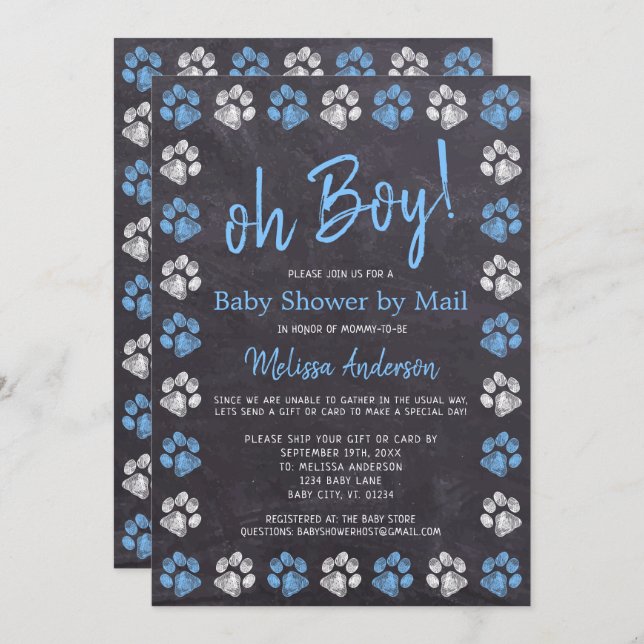 Chalkboard Paw Prints Blue Boy Baby Shower By Mail Invitation (Front/Back)