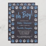 Chalkboard Paw Prints Blue Boy Baby Shower Invitation