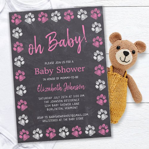 Chalkboard Paw Prints Pink Girl Baby Shower Invitation