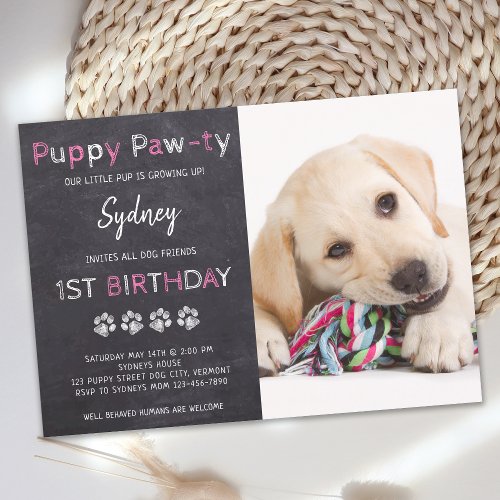 Chalkboard Pawty Puppy Dog Birthday Invitation