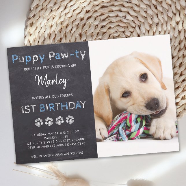 Chalkboard Pawty Puppy Dog Birthday Invitation