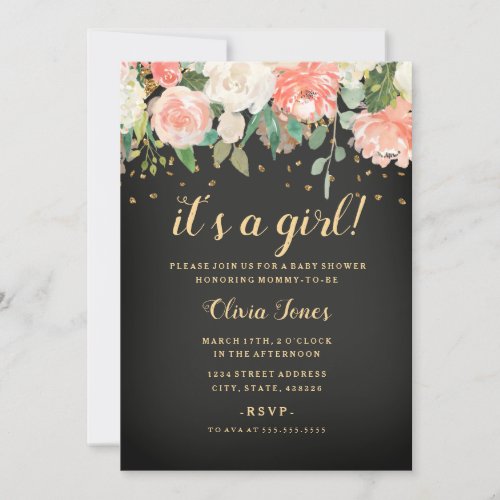 Chalkboard Peach Gold Floral Baby Shower Invite