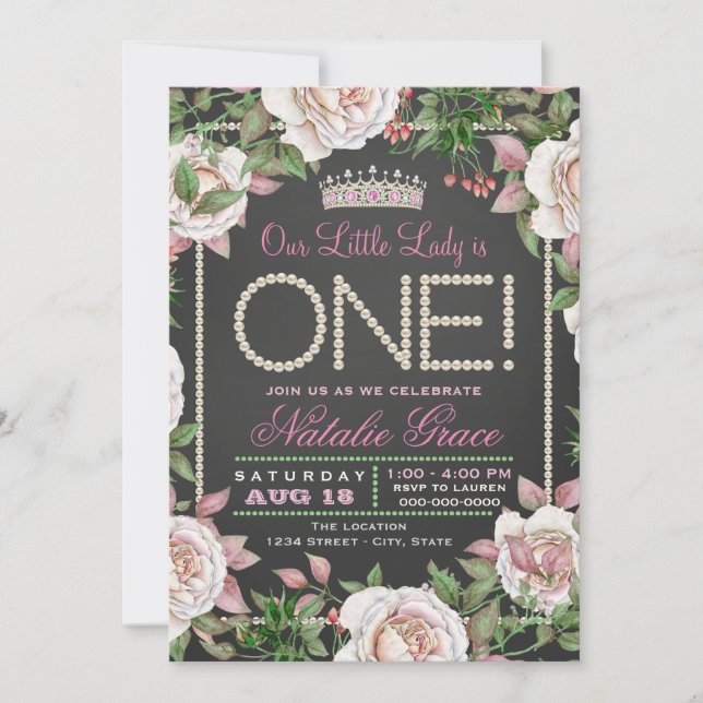 Chalkboard Pearls Little Lady 1st Birthday Invitation (Front)