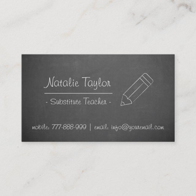 Chalkboard Pencil Substitute Teacher Business Card (Front)