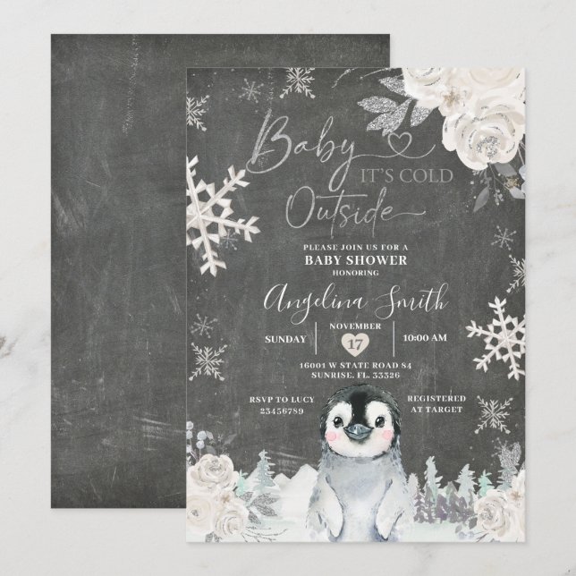 Chalkboard Penguin Snowflake Floral Baby Shower  Invitation (Front/Back)