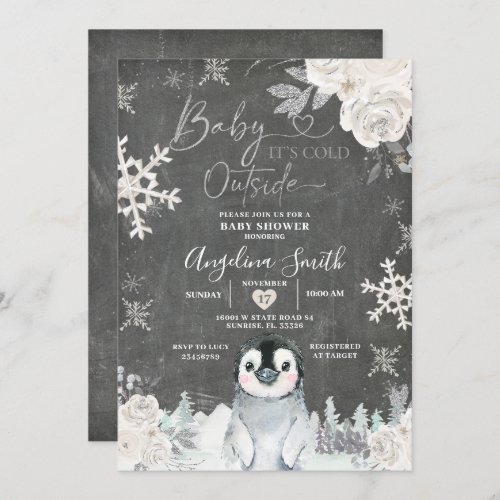 Chalkboard Penguin Snowflake Floral Baby Shower  Invitation