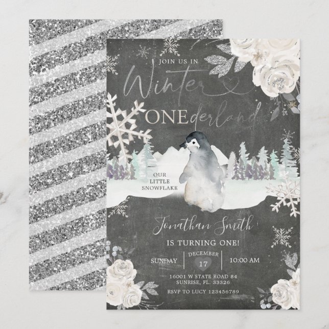 Chalkboard Penguin Winter Onederland 1st Birthday  Invitation (Front/Back)