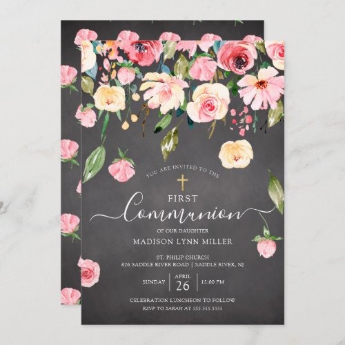 Chalkboard Peonies Rose Floral First Communion Invitation