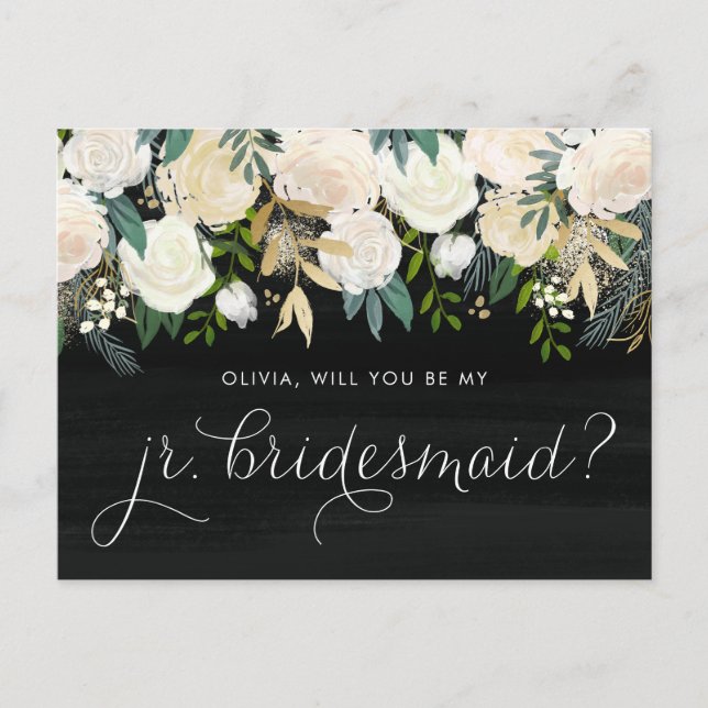 Chalkboard Peonies Will You Be My Jr. Bridesmaid Invitation Postcard (Front)