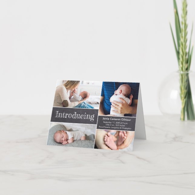 Chalkboard Photo Birth Stat Introducing Baby Boy Announcement (Front)