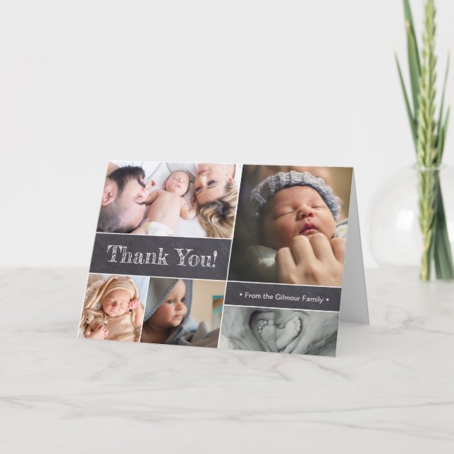 Chalkboard Photo Collage Baby Thank You Announcement (Front)