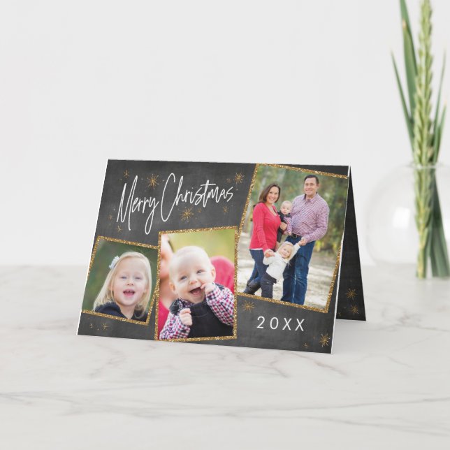 Chalkboard Photo Collage Faux Gold Glitter Holiday Card (Front)