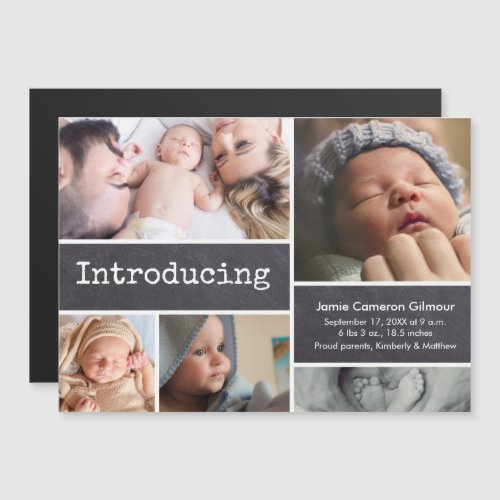 Chalkboard photo collage Introducing baby boy Magnetic Invitation