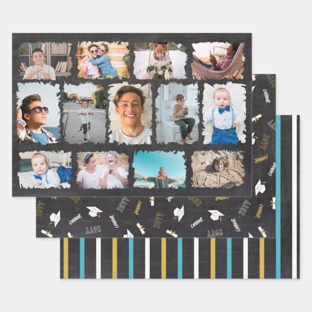 Chalkboard Photo Collage Name Year Graduate Wrapping Paper Sheets (Set)