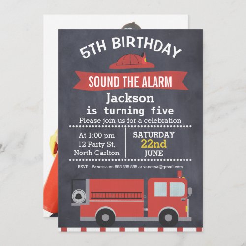 Chalkboard Photo Fire Truck Birthday Invitation