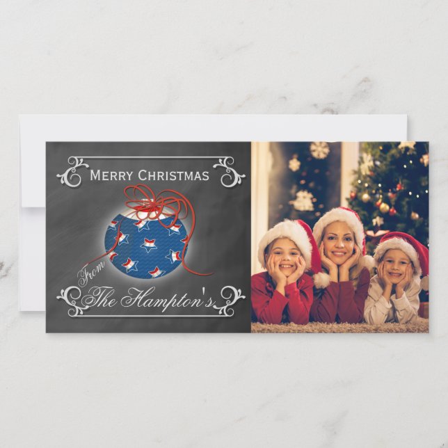 Chalkboard Photo Patriotic Christmas Personalized Holiday Card (Front)