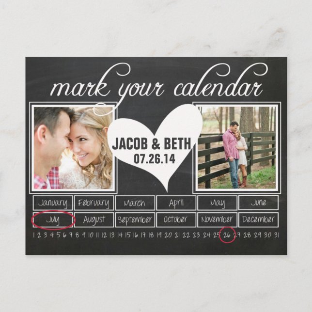 Chalkboard Photo Save the Date Calendar Postcard (Front)