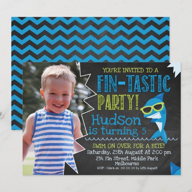 Chalkboard Photo Sharks Fin-tastic Birthday Invite (Front/Back)