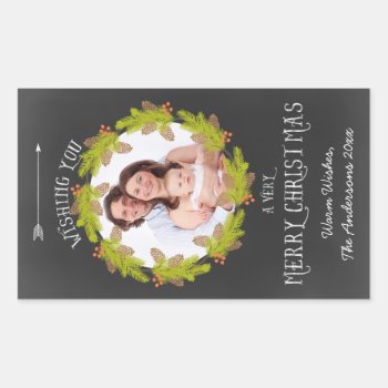 Chalkboard Pine Wreath Holiday Photo Rectangular Sticker by JK_Graphics at Zazzle