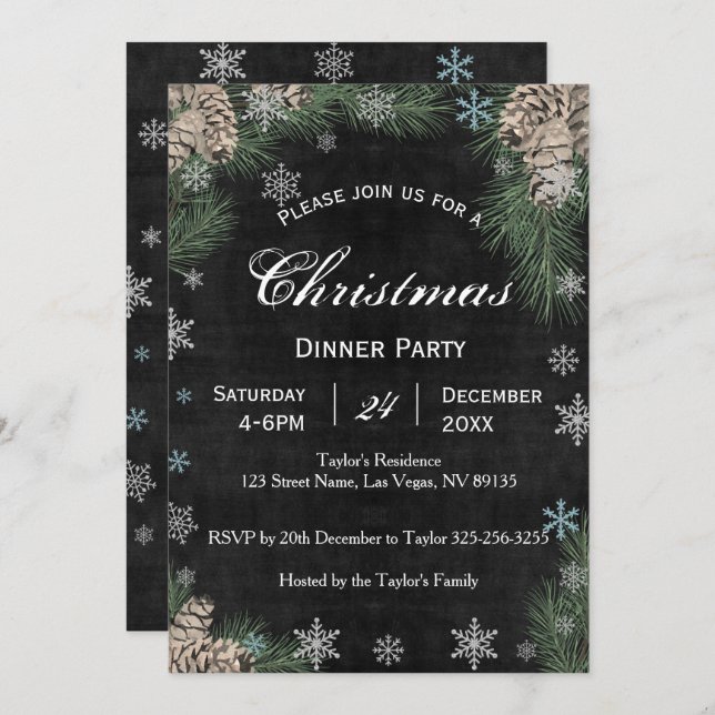 Chalkboard Pinecones Christmas Party Invitation (Front/Back)