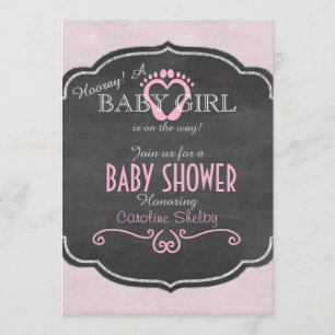 Chalkboard Pink Baby Girl Heart Shower Invitation