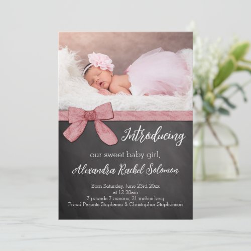 Chalkboard Pink Bow Girl Baby Birth Announcement