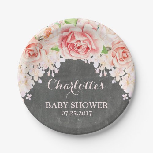 Chalkboard Pink Floral Baby Shower Plate