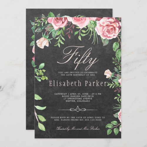 Chalkboard Pink Floral Garden 50th Birthday Party Invitation