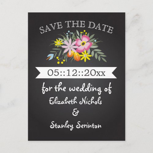 Chalkboard pink flowers wedding Save the Date Announcement Postcard