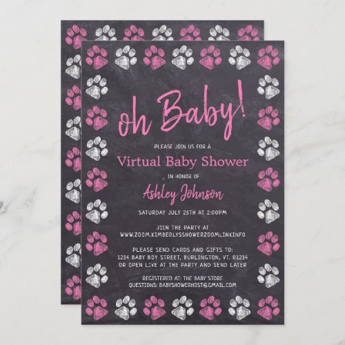 Chalkboard Pink Girl Paw Print Virtual Baby Shower Invitation