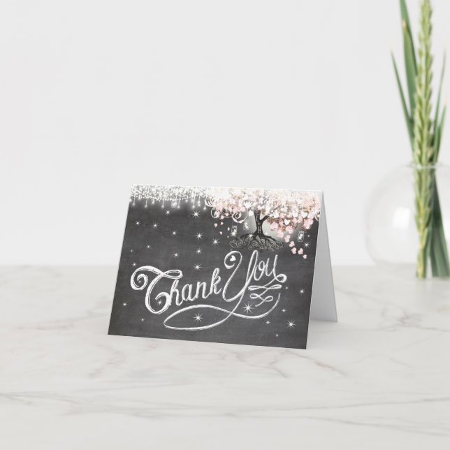 Chalkboard Pink Heart Leaf Folded Thank You Card (Front)
