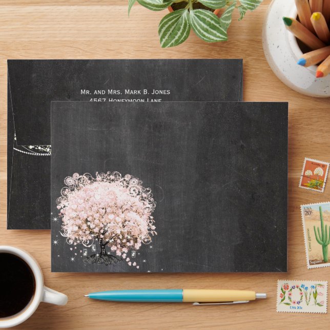 Chalkboard Pink Heart Leaf Tree Invitation Envelope (Desk)