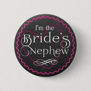 Chalkboard Pink Heart Wedding Bride's Nephew Button