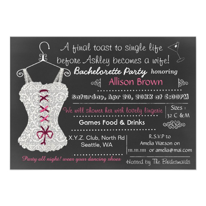 Chalkboard pink Lace Lingerie Shower Bachelorette Custom Invite