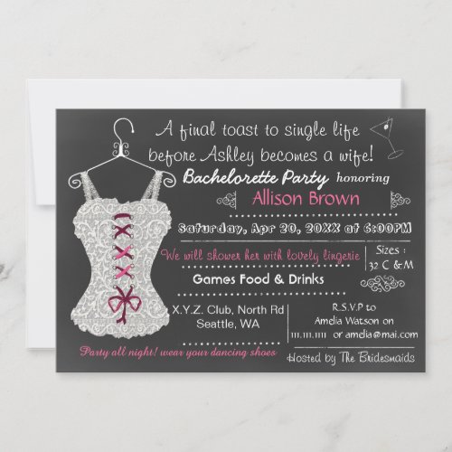 Chalkboard pink Lace Lingerie Shower Bachelorette Custom Invite