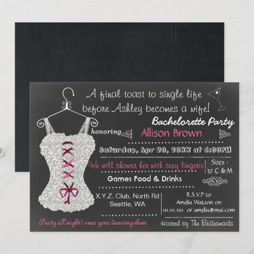 Chalkboard pink Lace Lingerie Shower Bachelorette Personalized Invitation