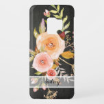 Chalkboard Pink n Peach Floral Roses Leaf Foliage Case-Mate Samsung Galaxy S9 Case<br><div class="desc">Bold black chalkboard background makes the floral bouquet artwork pop!  Trendy warm colored,  hand painted roses and flower buds with fall leaves and greenery foliage.  Your name or message over a sheer white background.</div>