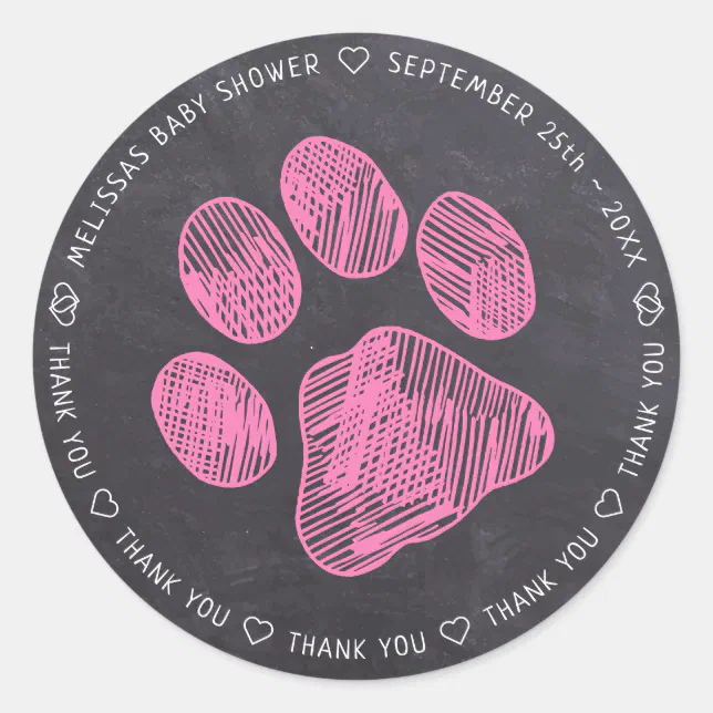 Chalkboard Pink Paw Print Baby Shower Thank You Classic Round Sticker