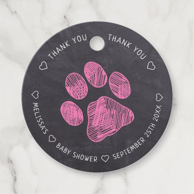 Chalkboard Pink Paw Print Baby Shower Thank You Favor Tags (Front)