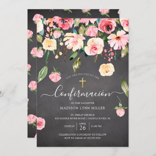 Chalkboard Pink Peonies Rose Spanish Confirmation Invitation