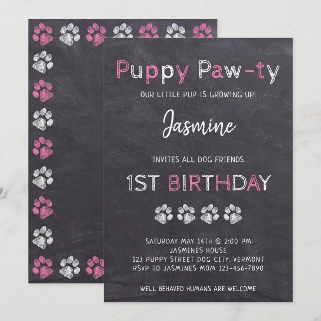 Chalkboard Pink Puppy Pawty Dog Birthday Invitation (Front/Back)