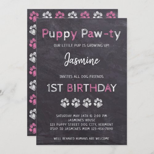 Chalkboard Pink Puppy Pawty Dog Birthday Invitation