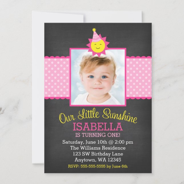 Chalkboard Pink Sunshine 1st Birthday Photo Invitation (Front)