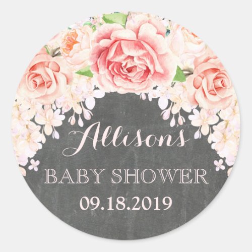 Chalkboard Pink Watercolor Flowers Baby Shower Classic Round Sticker
