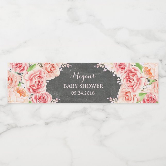 Chalkboard Pink Watercolor Flowers Baby Shower Water Bottle Label (Single Label)