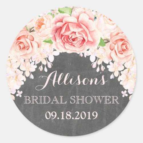 Chalkboard Pink Watercolor Flowers Bridal Shower Classic Round Sticker