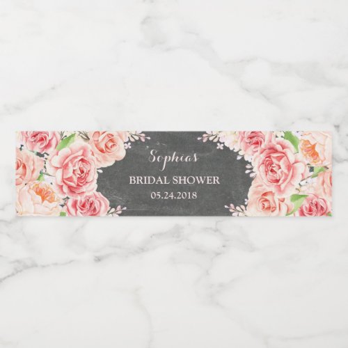 Chalkboard Pink Watercolor Flowers Bridal Shower Water Bottle Label